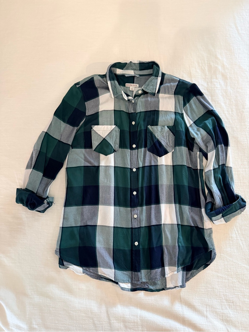 Target Merona Brand Green, Navy & White Plaid Button-Up Shirt